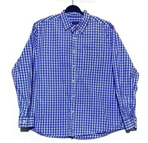 PASHARTUK Mens Button Down Shirt 2XL Blue White Plaid Long Sleeve Checkered
